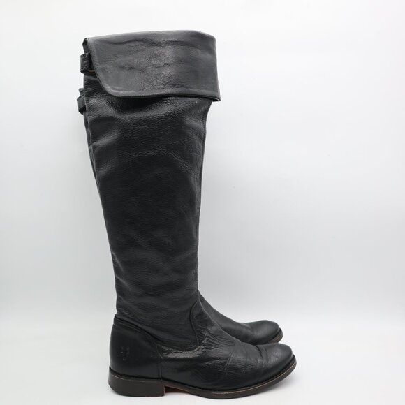 Frye Over The Knee Black Leather Fold Women’s Size 6 B High Riding Boots 77739 - Picture 1 of 9